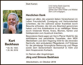 Traueranzeige von Kurt Backhaus von WLZ