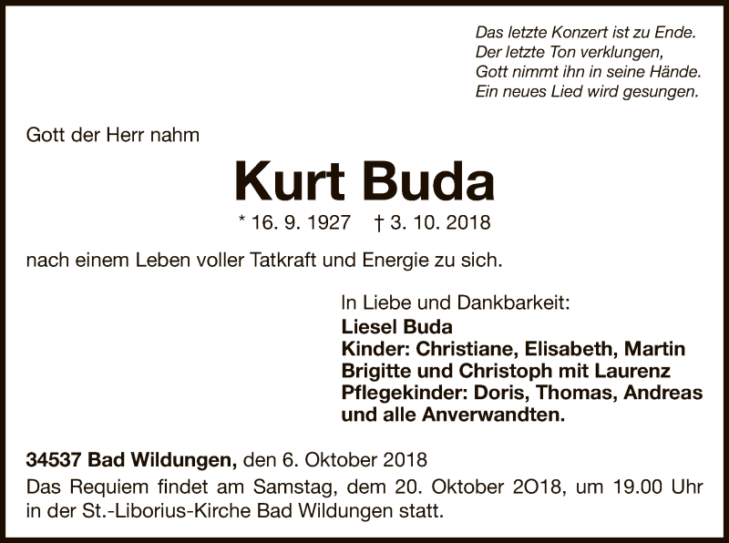  Traueranzeige für Kurt Buda vom 06.10.2018 aus WLZ
