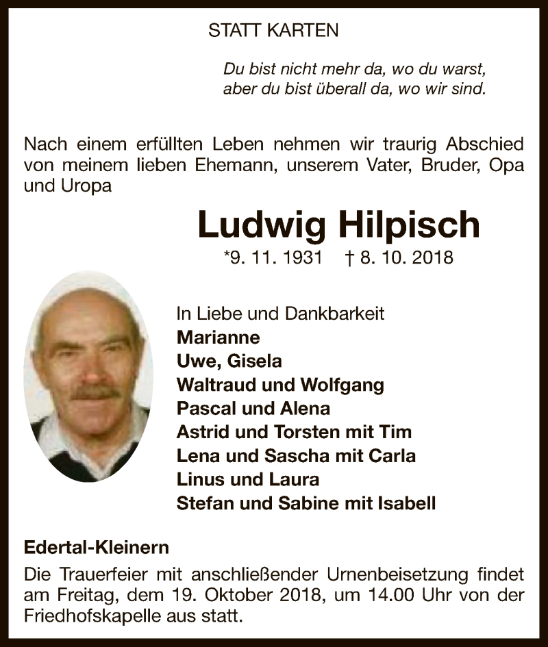  Traueranzeige für Ludwig Hilpisch vom 13.10.2018 aus WLZ