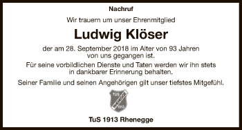 Traueranzeige von Ludwig Klöser von WLZ