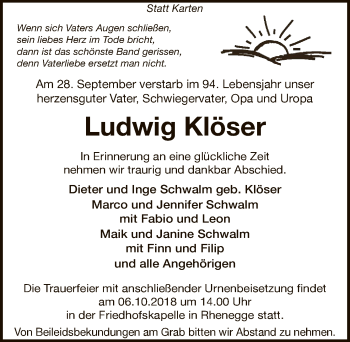 Traueranzeige von Ludwig Klöser von WLZ