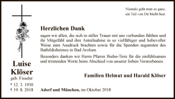 Traueranzeige von Luise Klöser von WLZ