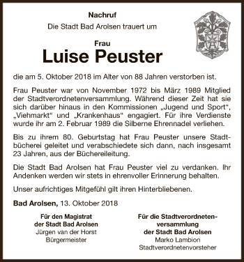 Traueranzeige von Luise Peuster von WLZ
