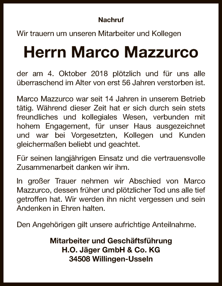  Traueranzeige für Marco Mazzurco vom 10.10.2018 aus WLZ