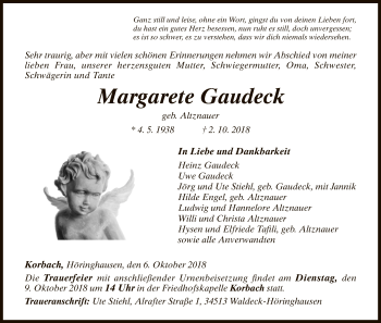 Traueranzeige von Margarete Gaudeck von WLZ