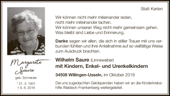 Traueranzeige von Margarete Saure von WLZ