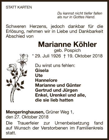 Traueranzeige von Marianne Köhler von WLZ