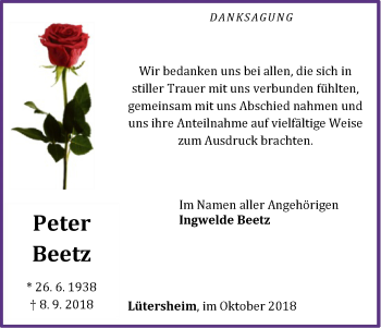 Traueranzeige von Peter Beetz von WLZ