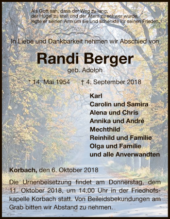 Traueranzeige von Randi Berger von WLZ