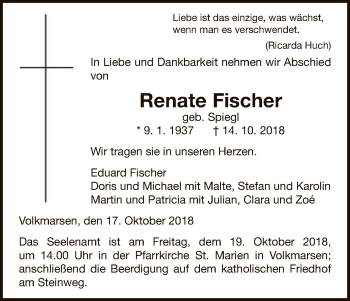 Traueranzeige von Renate Fischer von WLZ