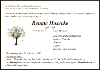 Traueranzeige von Renate Hasecke von WLZ