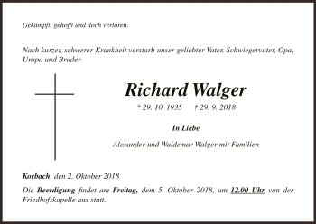 Traueranzeige von Richard Walger von WLZ