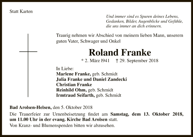  Traueranzeige für Roland Franke vom 05.10.2018 aus WLZ