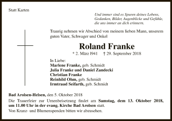 Traueranzeige von Roland Franke von WLZ