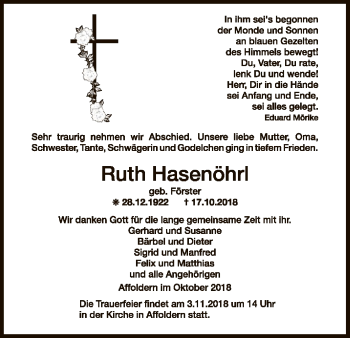 Traueranzeige von Ruth Hasenöhrl von WLZ