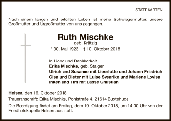 Traueranzeige von Ruth Mischke von WLZ