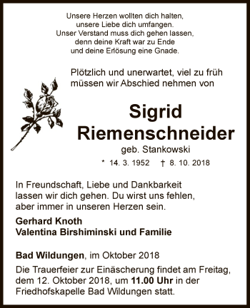 Traueranzeige von Sigrid Riemenschneider von WLZ