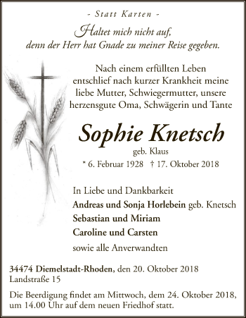 Traueranzeige von Sophie Knetsch von WLZ