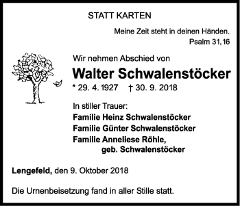 Traueranzeige von Walter Schwalenstöcker von WLZ