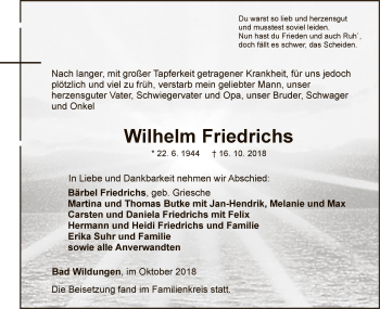 Traueranzeige von Wilhelm Friedrichs von WLZ