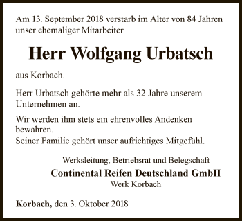 Traueranzeige von Wolfgang Urbatsch von WLZ