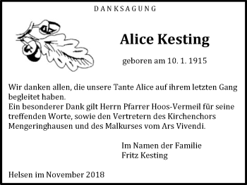 Traueranzeige von Alice Kesting von WLZ