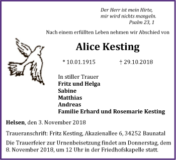 Traueranzeige von Alice Kesting von WLZ