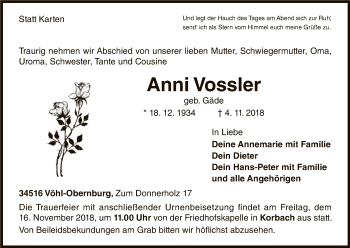 Traueranzeige von Anni Vossler von WLZ