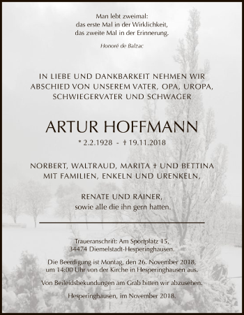 Traueranzeige von Artur Hoffmann von WLZ