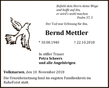 Traueranzeige von Bernd Mettler von WLZ