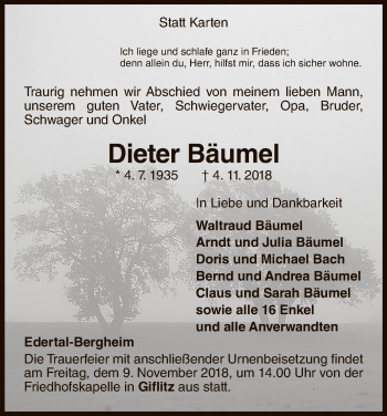 Traueranzeige von Dieter Bäumel von WLZ