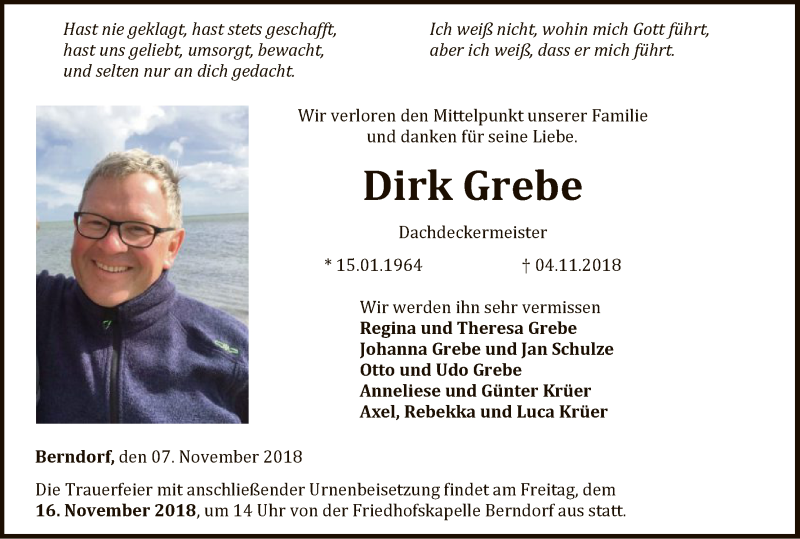  Traueranzeige für Dirk Grebe vom 07.11.2018 aus WLZ