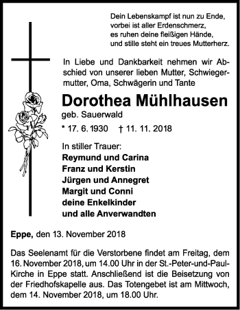 Traueranzeige von Dorothea Mühlhausen von WLZ