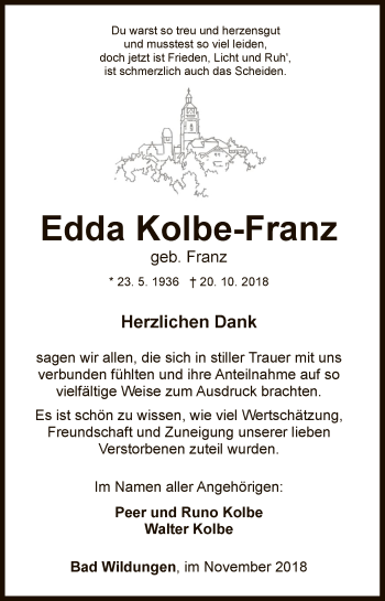 Traueranzeige von Edda Kolbe-Franz von WLZ