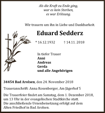 Traueranzeige von Eduard Sedderz von WLZ