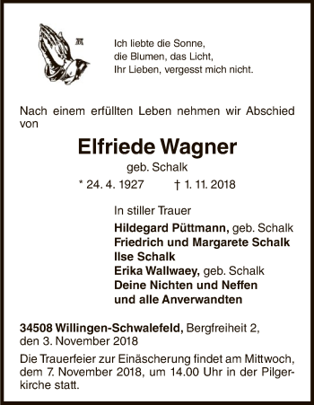 Traueranzeige von Elfriede Wagner von WLZ