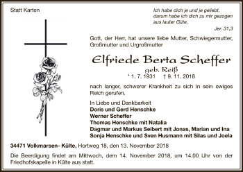 Traueranzeige von Elfriede Bertha Scheffer von WLZ