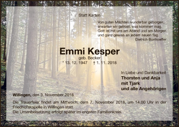 Traueranzeige von Emmi Kesper von WLZ
