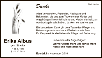 Traueranzeige von Erika Albus von WLZ