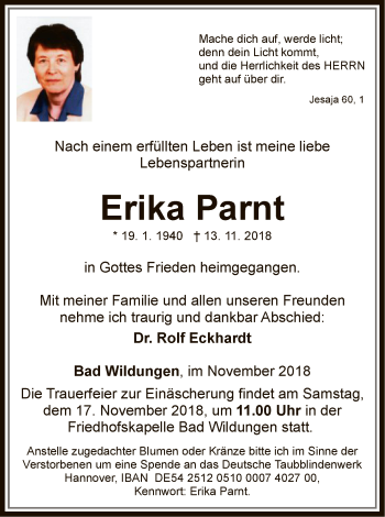 Traueranzeige von Erika Parnt von WLZ