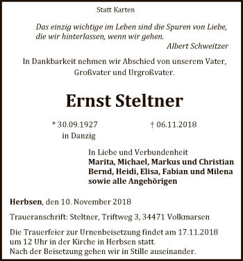 Traueranzeige von Ernst Steltner von WLZ