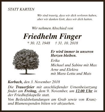 Traueranzeige von Friedhelm Finger von WLZ