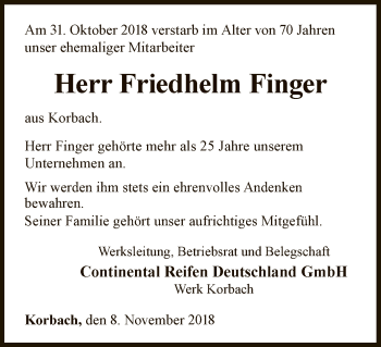 Traueranzeige von Friedhelm Finger von WLZ