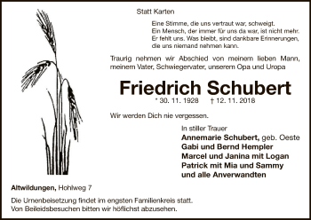 Traueranzeige von Friedrich Schubert von WLZ