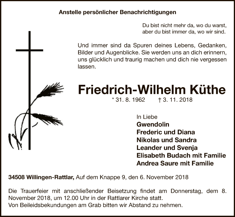  Traueranzeige für Friedrich-Wilhelm Küthe vom 06.11.2018 aus WLZ