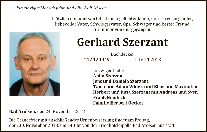  Traueranzeige für Gerhard Szerzant vom 24.11.2018 aus WLZ