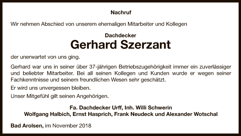  Traueranzeige für Gerhard Szerzant vom 29.11.2018 aus WLZ