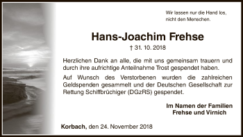 Traueranzeige von Hans-Joachim Frehse von WLZ