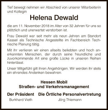 Traueranzeige von Helena Dewald von WLZ