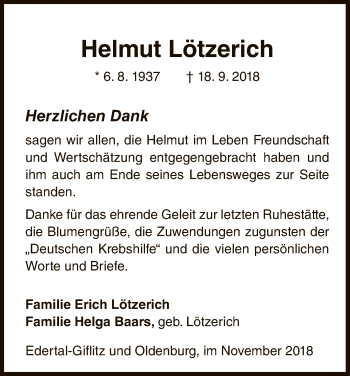 Traueranzeige von Helmut Lötzerich von WLZ